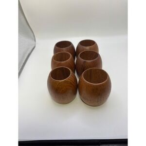 Vintage Wood Napkin Rings Set of 6 Mid Century Modern Round Barrel Brown MCM